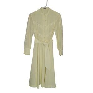 Vintage Yellow Lace fit flare 70s Dress Long Sleeve Belt Medium/Large Polyester